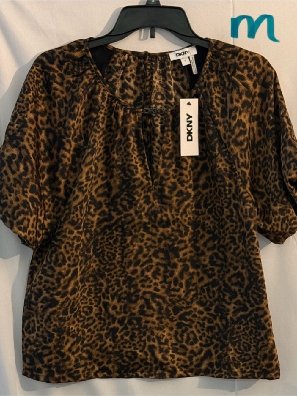 DKNY Leopard Print Short Sleeve Blouse in Brown and Black